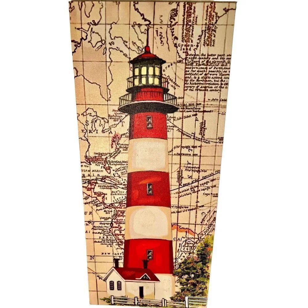 Americana Lighthouse W/Map BG Canvas Wall Art Print, Lighthouse Home Decor EC